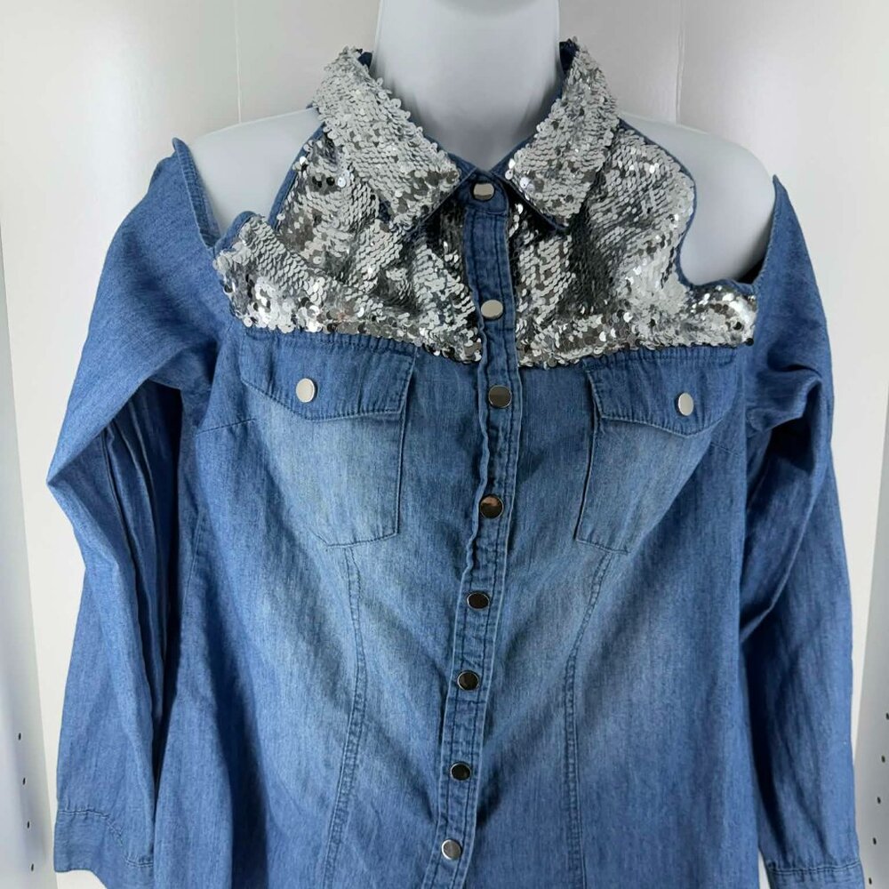 Scully Denim Shirt Jacket Silver Sequin Western Snap Button y2k sz M "W171"